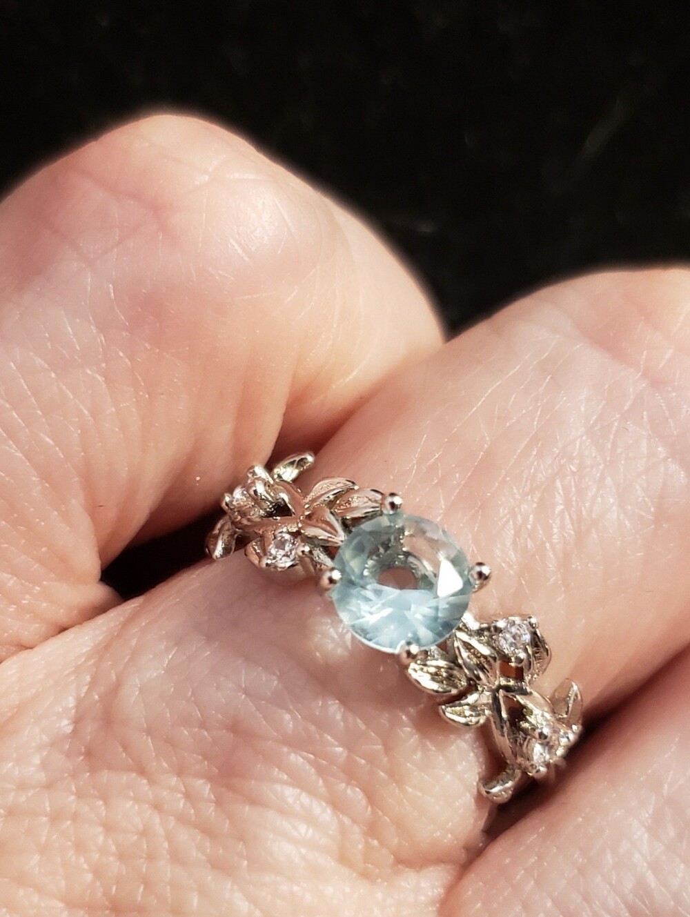 NEW Aquamarine Sterling Stamped Ring, Sz 5.5 Small, Round Cut, Dainty, Floral.